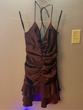 Vintage 90’s/Y2K Urban Girl Nites Brown Satin Ruched Ruffle Skirt Halter Dress